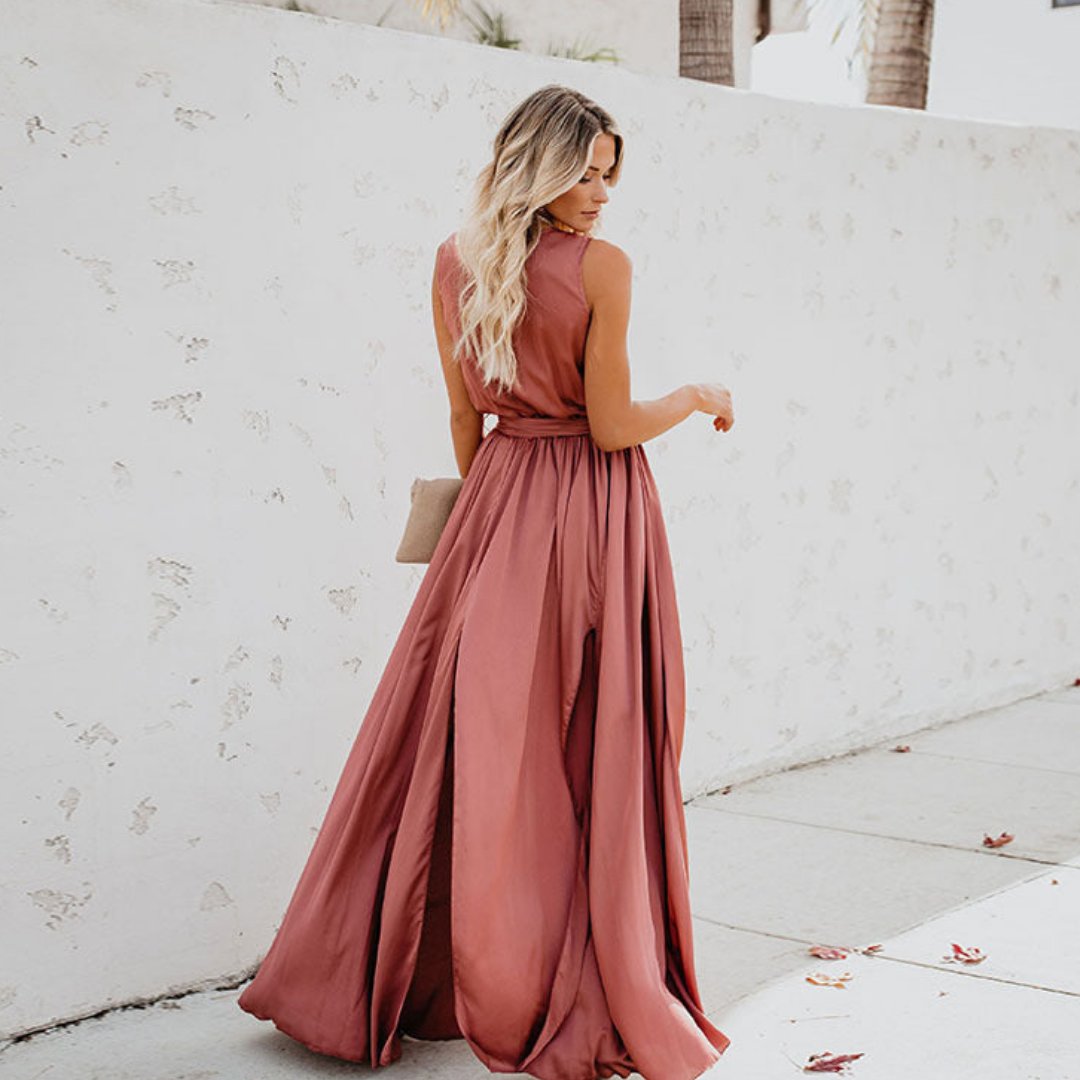 Evelyn | Sleeveless Belted Maxi Dress - Blue Cotton Side Slit