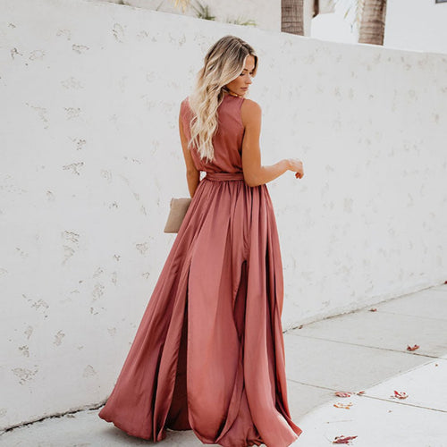 Evelyn | Sleeveless Belted Maxi Dress - Blue Cotton Side Slit
