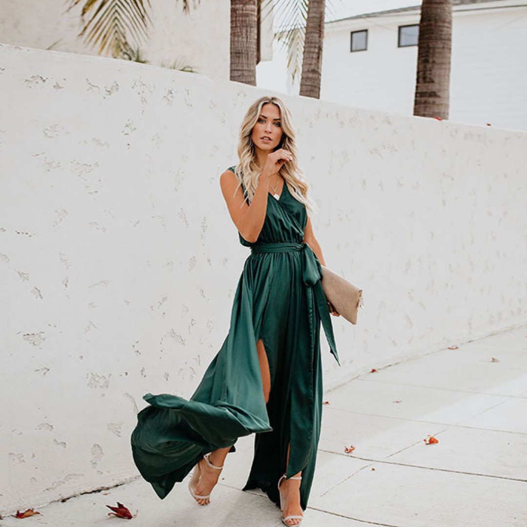 Evelyn | Sleeveless Belted Maxi Dress - Blue Cotton Side Slit