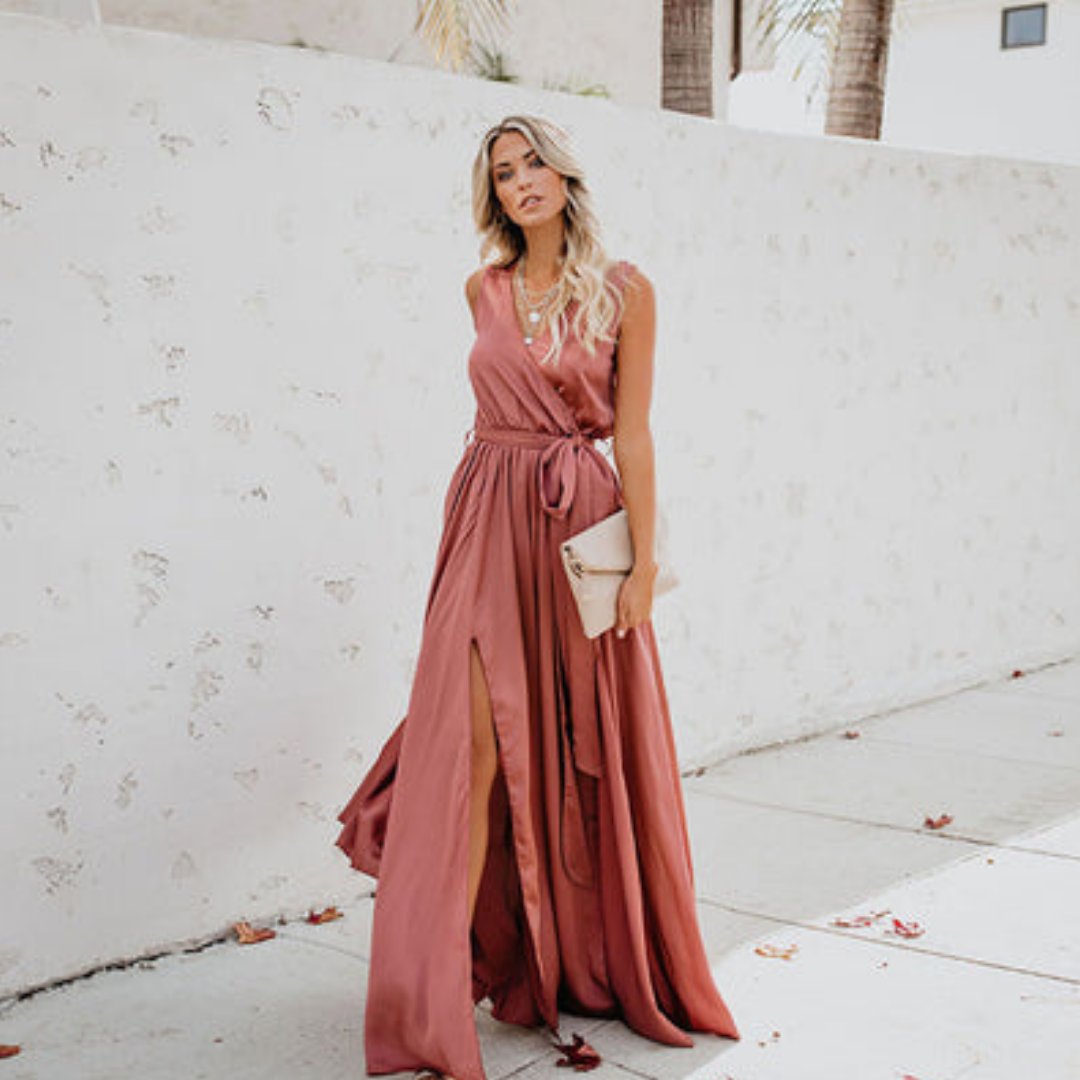 Evelyn | Sleeveless Belted Maxi Dress - Blue Cotton Side Slit