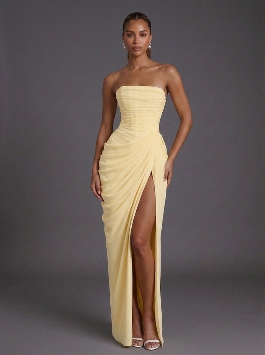 Sophie | Strapless Corset Ruched Split Maxi Dress - Black