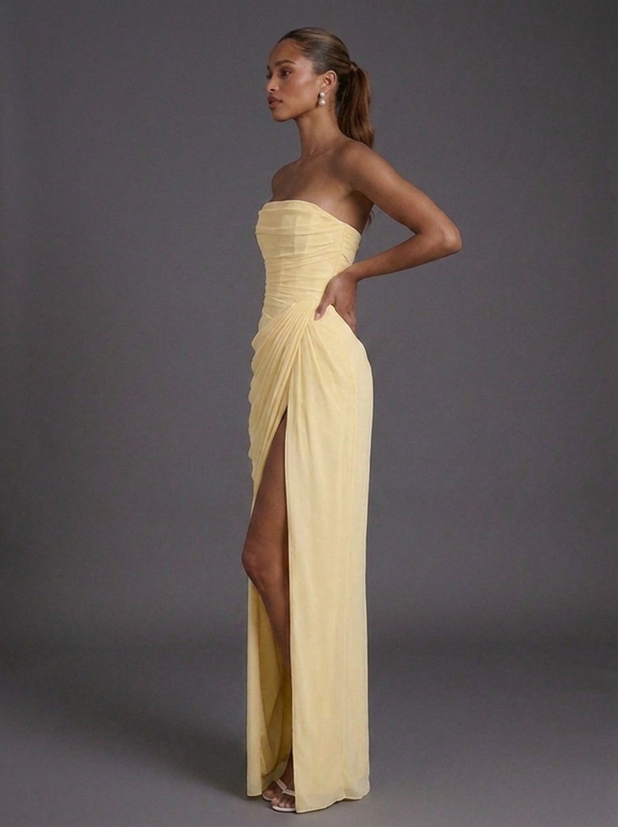 Sophie | Strapless Corset Ruched Split Maxi Dress - Black