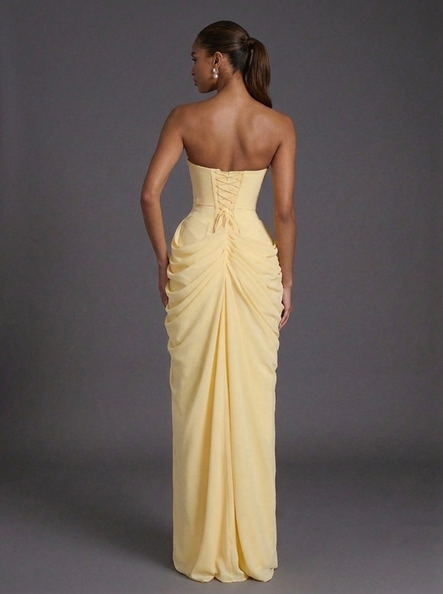 Sophie | Strapless Corset Ruched Split Maxi Dress - Black