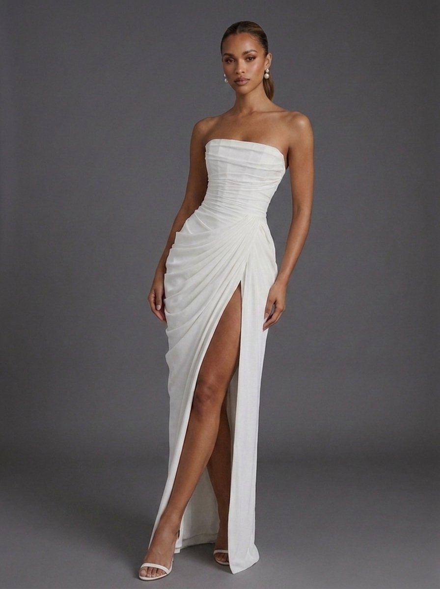Sophie | Strapless Corset Ruched Split Maxi Dress - Black